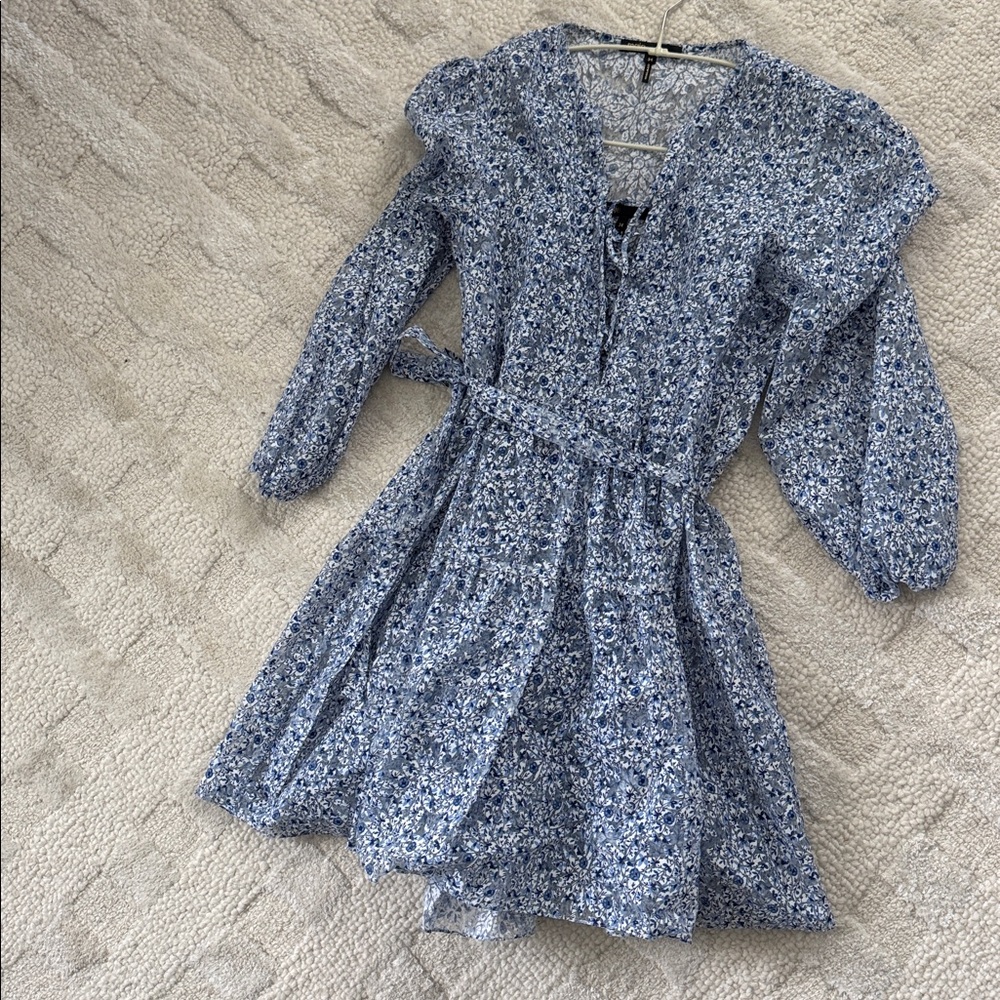 Rare Maje Burnout Romantic Garden Floral Long Sleeve Dress in Blue and White - Picture 7 of 8